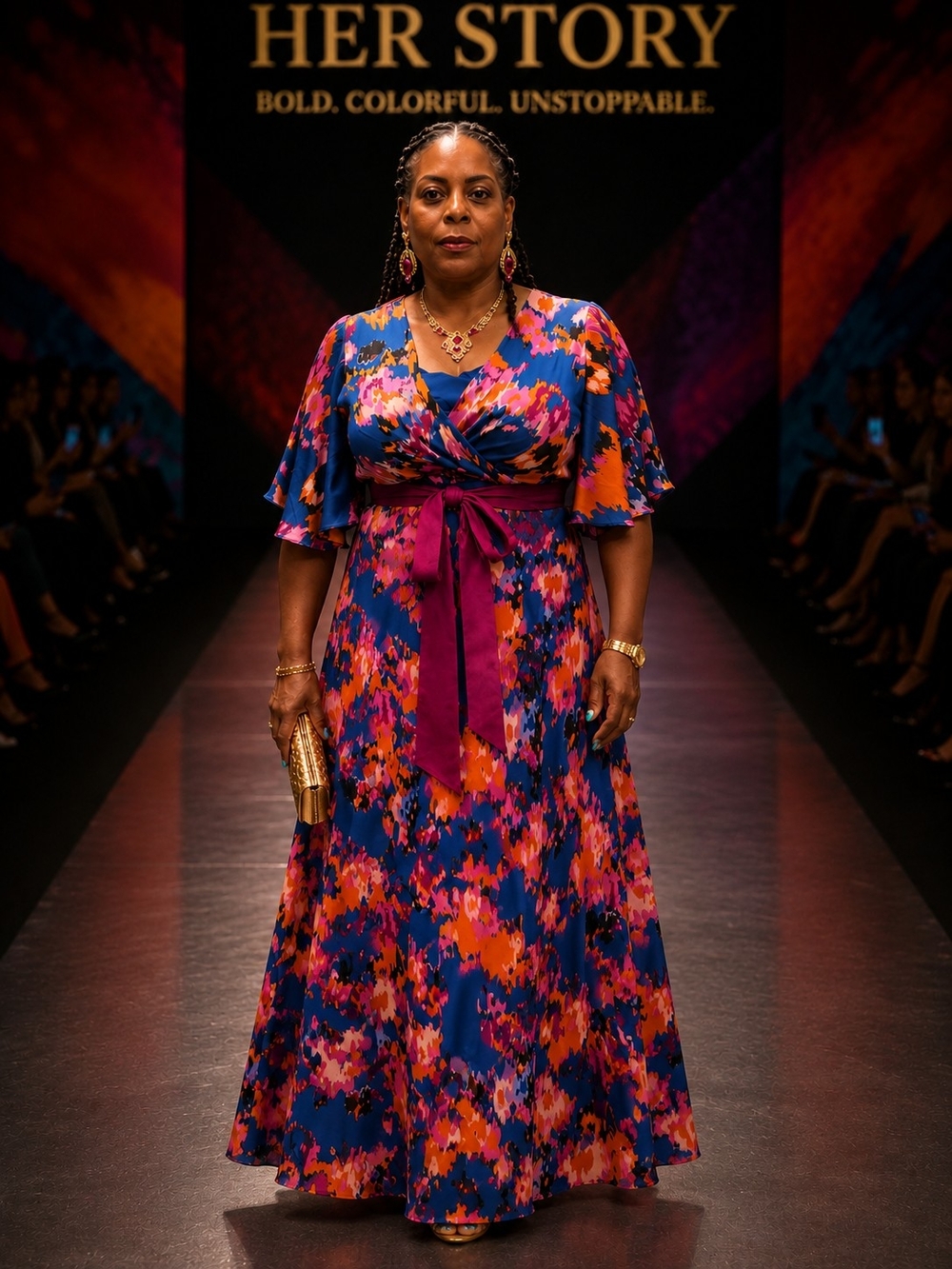 Plus-Size Floral Wrap Maxi Dress in Blue and Pink